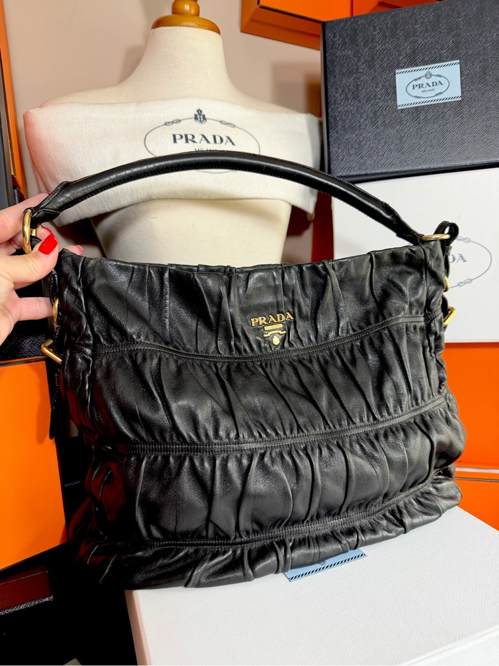 Prada 🌟 Black Runched Leather Shoulder Bag with Gold ! Offers always welcome!